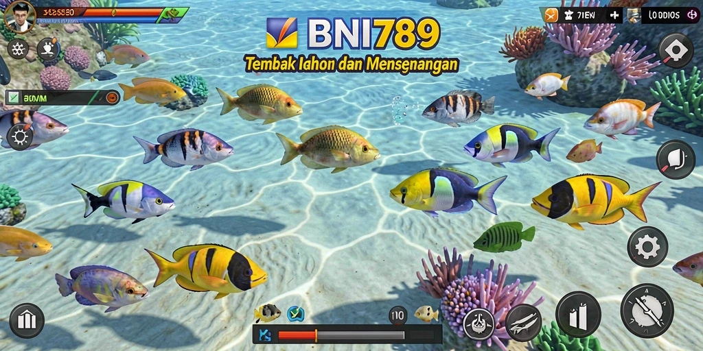 Screenshot gameplay BNI789 menampilkan serunya menembak ikan.