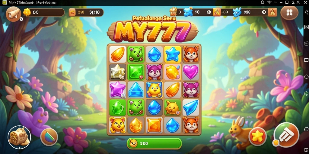 Gameplay seru MY777 dengan elemen Match-3 yang penuh warna.