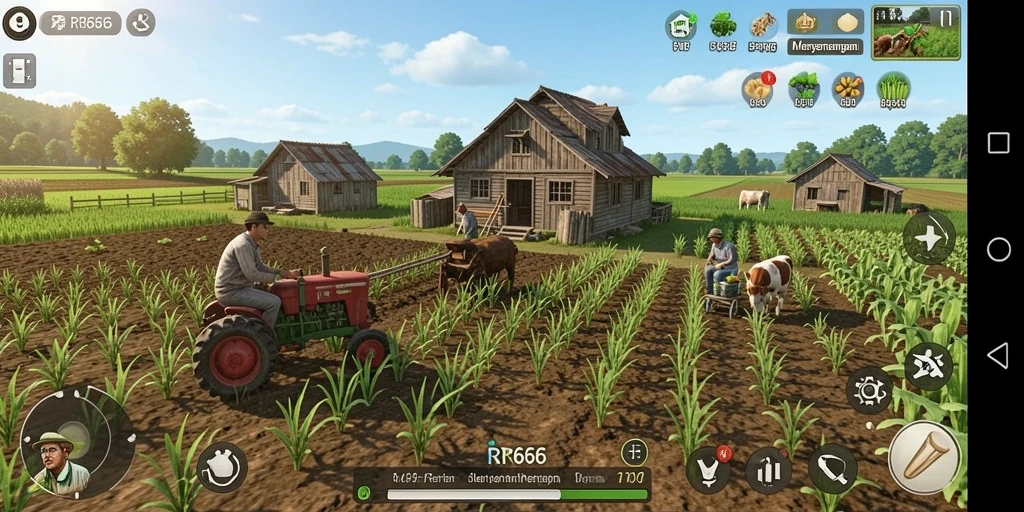Tampilan gameplay <strong>RR666</strong> yang menunjukkan aktivitas bertani yang menyenangkan.