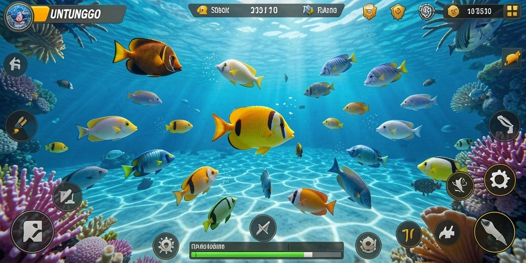 Tampilan gameplay seru dari UNTUNGGO saat menangkap ikan.